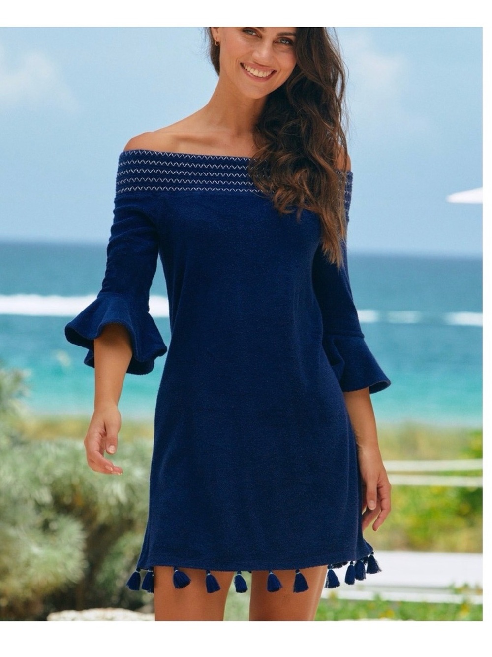 New Cabana Life Navy Off-Shoulder Terrycloth Tassel Dress size Medium